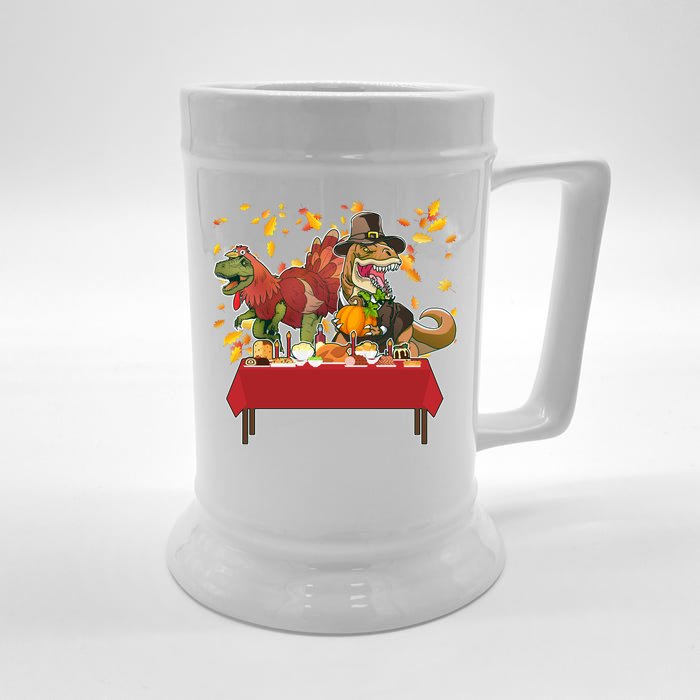 Turkey Pilgrim Dinosaurs T-Rex Funny Thanksgiving Front & Back Beer Stein