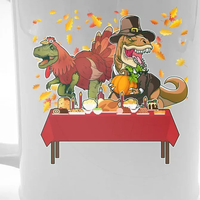 Turkey Pilgrim Dinosaurs T-Rex Funny Thanksgiving Front & Back Beer Stein