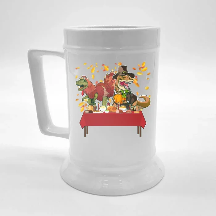 Turkey Pilgrim Dinosaurs T-Rex Funny Thanksgiving Front & Back Beer Stein