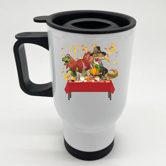 Turkey Pilgrim Dinosaurs T-Rex Funny Thanksgiving Front & Back Stainless Steel Travel Mug