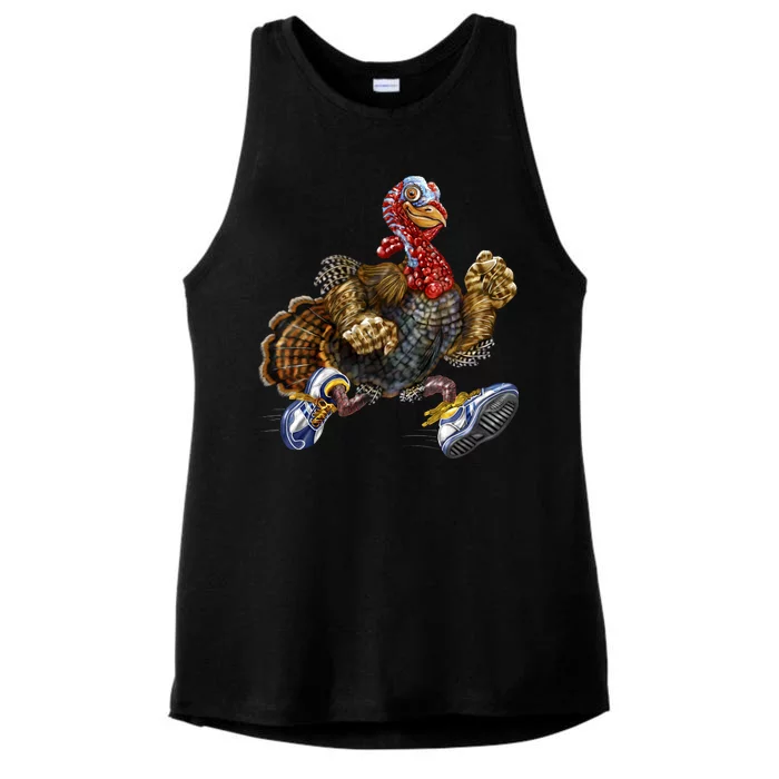 Turkey Running In Action Thanksgiving Ladies Tri-Blend Wicking Tank