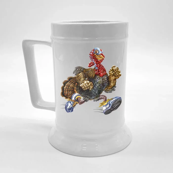 Turkey Running In Action Thanksgiving Front & Back Beer Stein