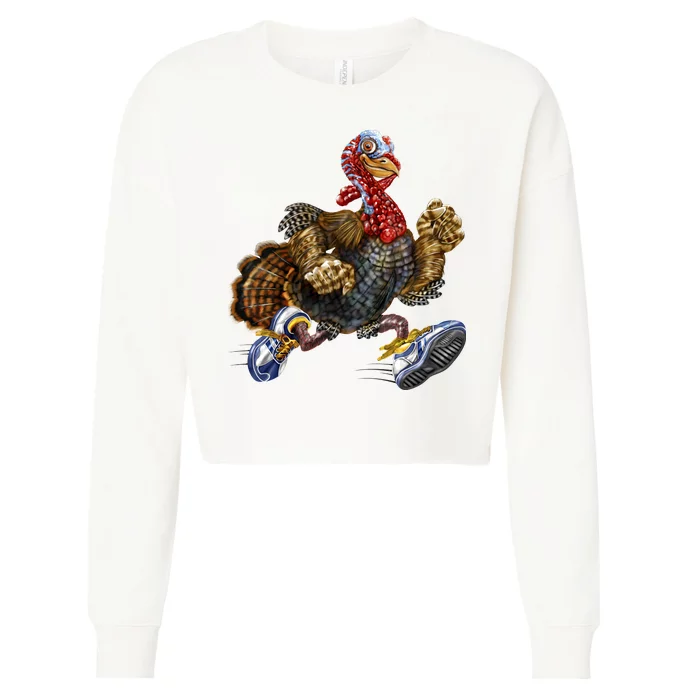 Turkey Running In Action Thanksgiving Cropped Pullover Crew