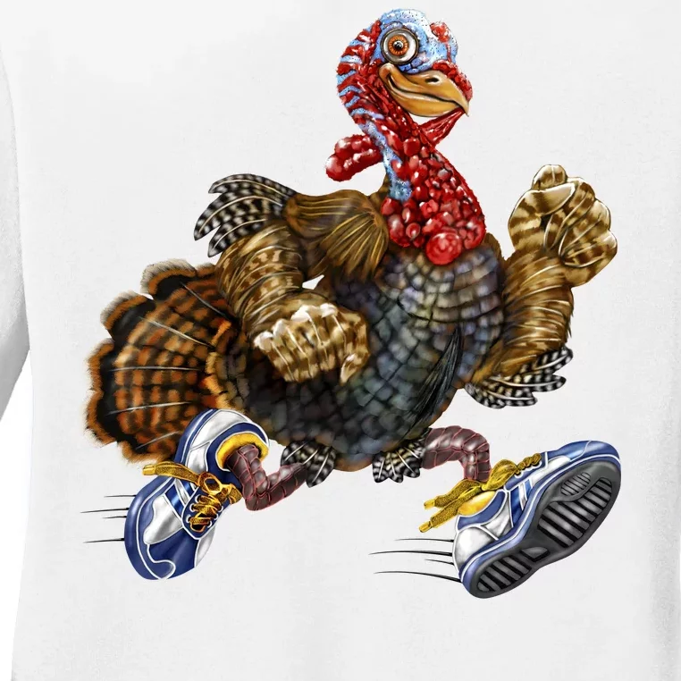 Turkey Running In Action Thanksgiving Ladies Long Sleeve Shirt