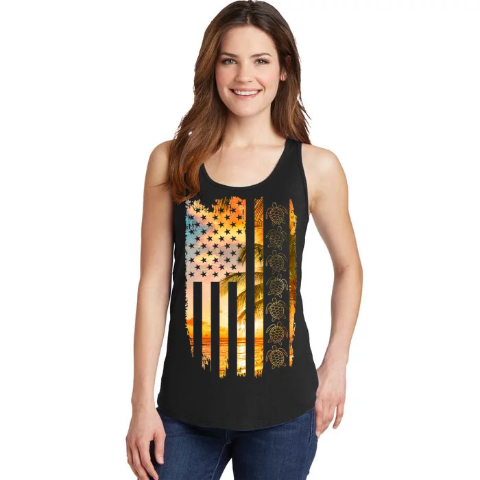 Turtle Sunset Beach Flag Ladies Essential Tank