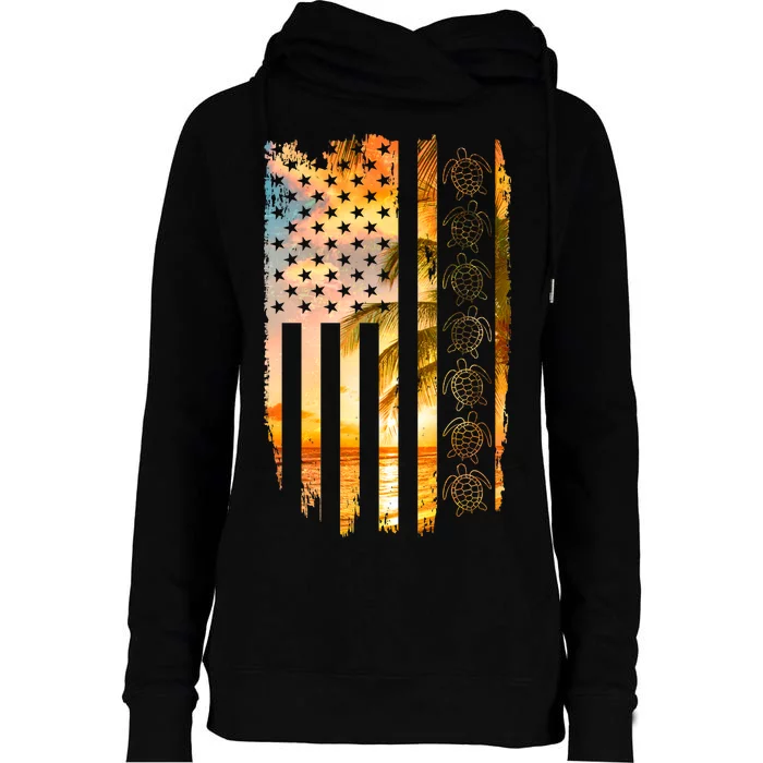 Turtle Sunset Beach Flag Womens Funnel Neck Pullover Hood