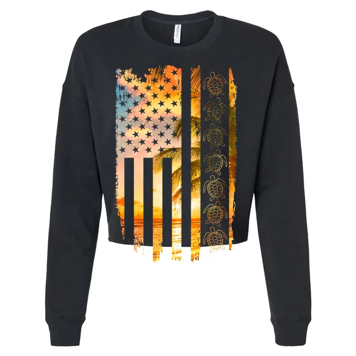 Turtle Sunset Beach Flag Cropped Pullover Crew