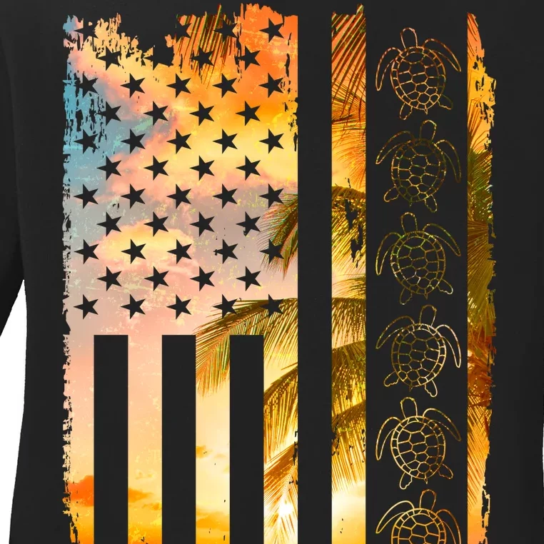 Turtle Sunset Beach Flag Ladies Long Sleeve Shirt