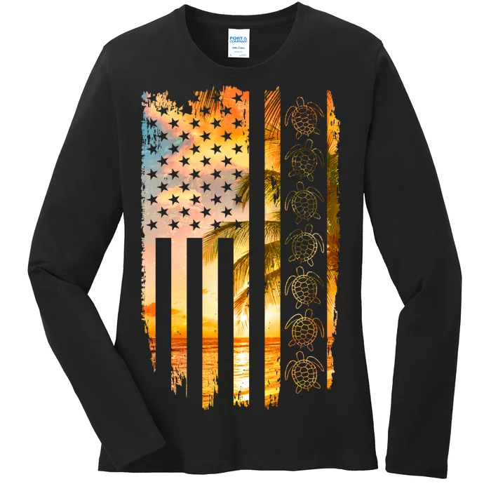 Turtle Sunset Beach Flag Ladies Long Sleeve Shirt