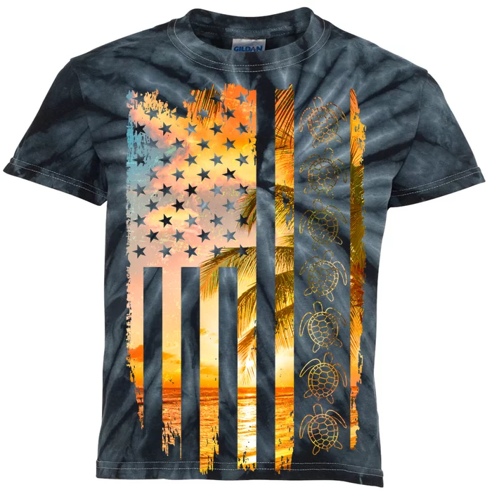 Turtle Sunset Beach Flag Kids Tie-Dye T-Shirt