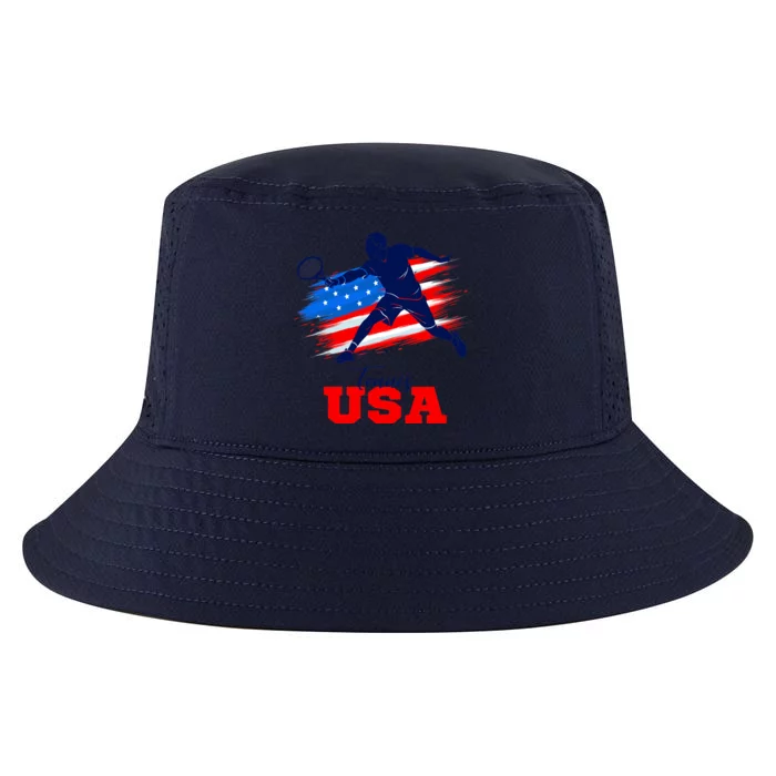 Tennis USA Support Team American Flag Tennis Sports Lover Premium Cool Comfort Performance Bucket Hat