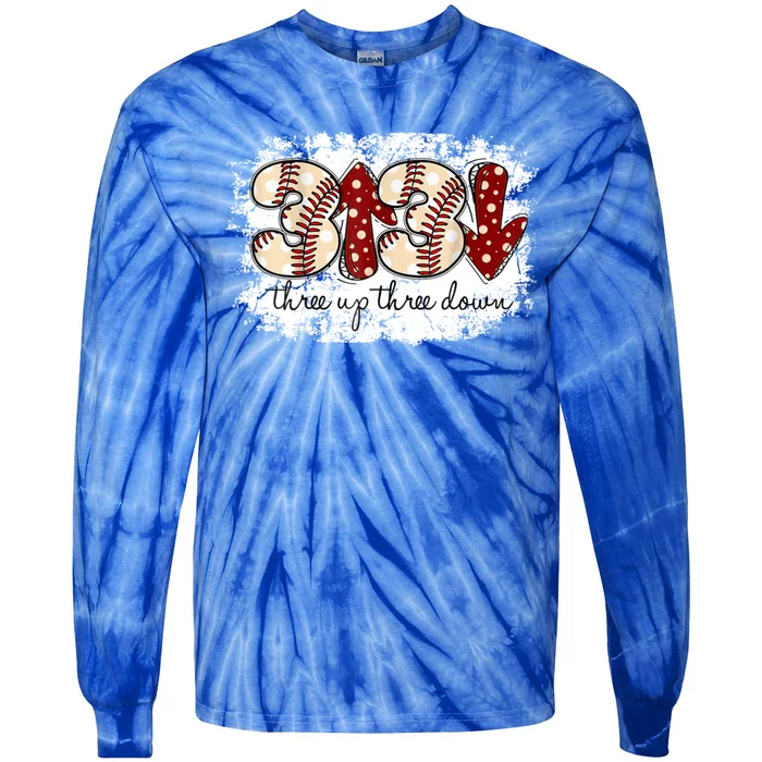 Three Up Three Down Baseball Game Day Groovy Baseball Lover Gift Tie-Dye Long Sleeve Shirt