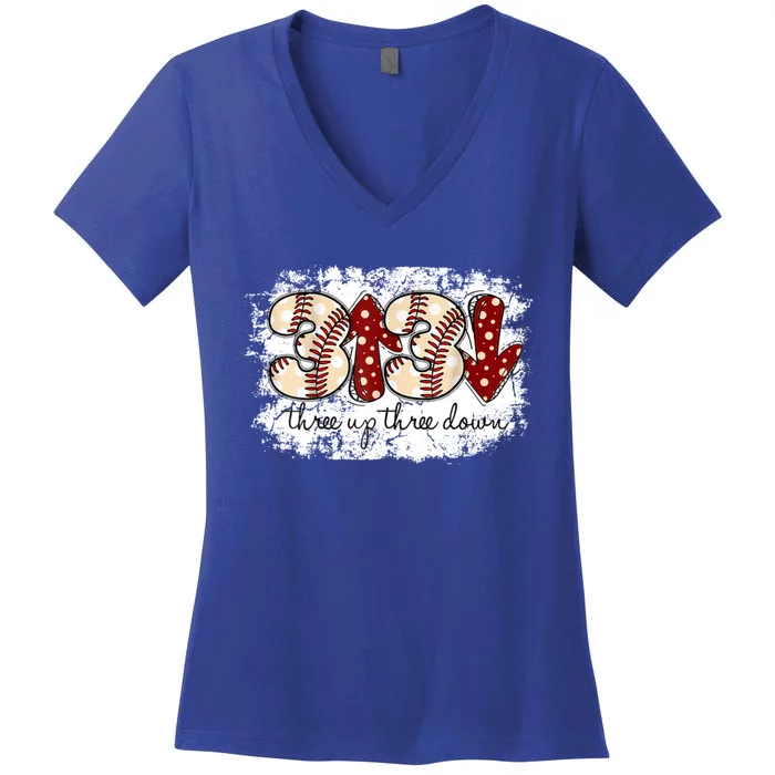 Three Up Three Down Baseball Game Day Groovy Baseball Lover Gift Women's V-Neck T-Shirt