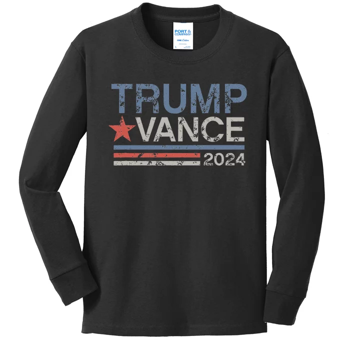 Trump Vance 2024 Retro Featuring Trump And Jd Vance Kids Long Sleeve Shirt