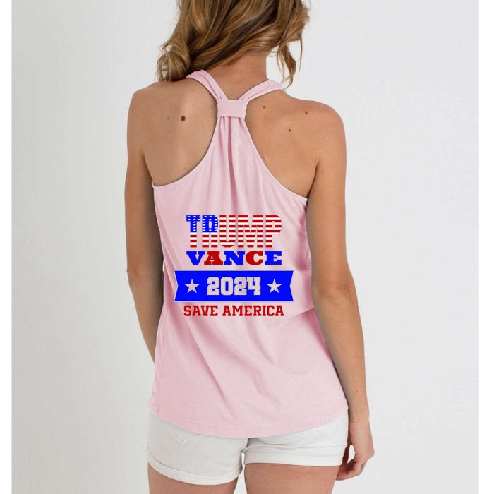 Trump Vance 2024 Front Pocket Print And Back Front & Back Women's Knotted Racerback Tank