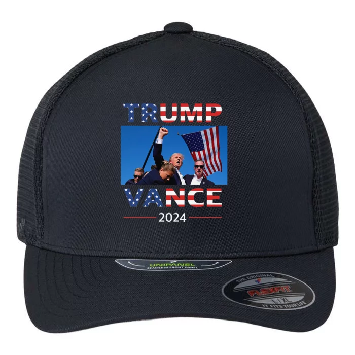 Trump Vance 2024 Usa Flag Fist Pump Election Rally Flexfit Unipanel Trucker Cap