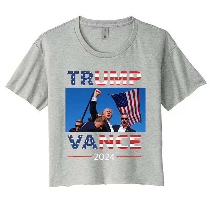 Trump Vance 2024 Usa Flag Fist Pump Election Rally Women's Crop Top Tee