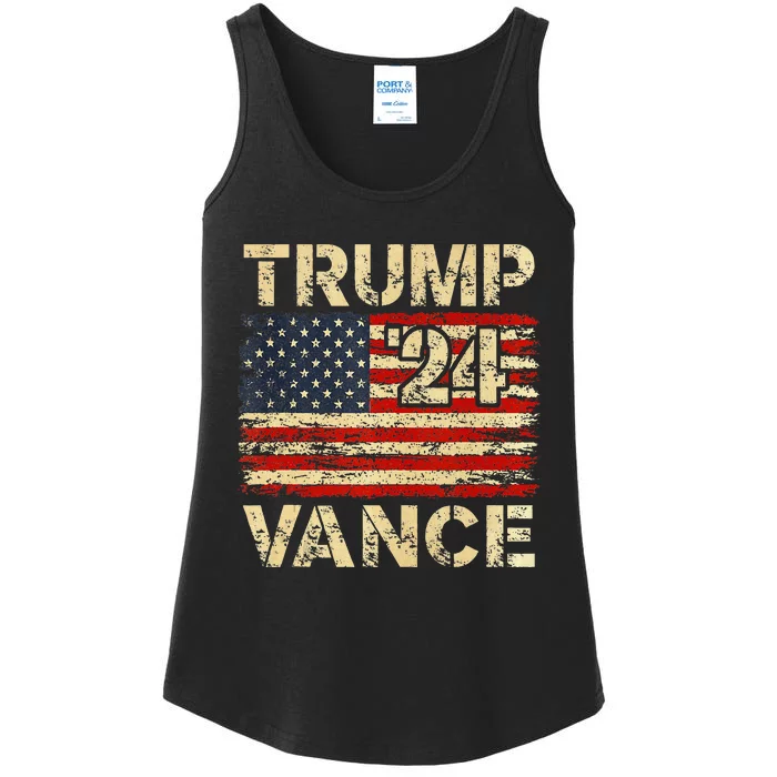 Trump Vance 24 Retro Vintage Distressed American Flag Ladies Essential Tank