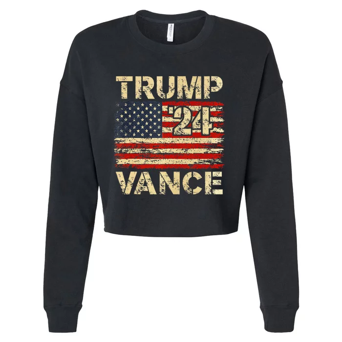 Trump Vance 24 Retro Vintage Distressed American Flag Cropped Pullover Crew