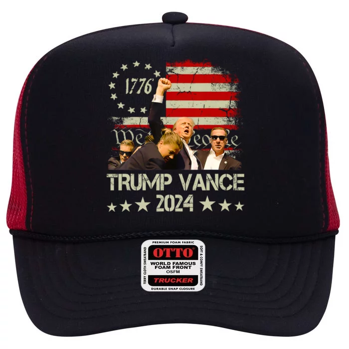 Trump Vance 2024 Retro Stripe Trump Jd Vance Gift High Crown Mesh Trucker Hat