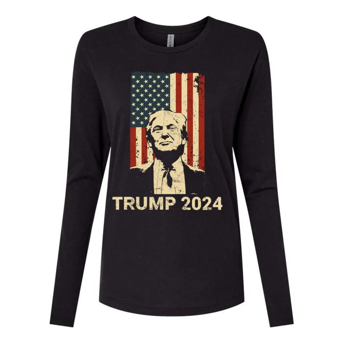 Trump Vintage America Flag Trump 2024 Gift Womens Cotton Relaxed Long Sleeve T-Shirt