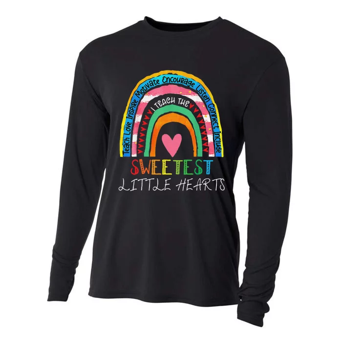 Teacher valentines day teacher rainbow sweetest hearts Cooling Performance Long Sleeve Crew