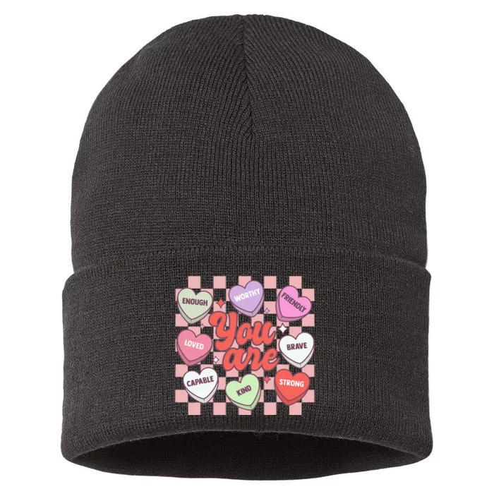 Teacher Valentines Day Candy Heart Sustainable Knit Beanie