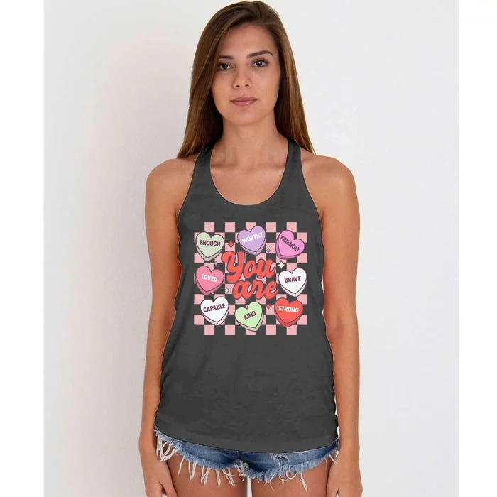 Teacher Valentines Day Candy Heart Women's Knotted Racerback Tank