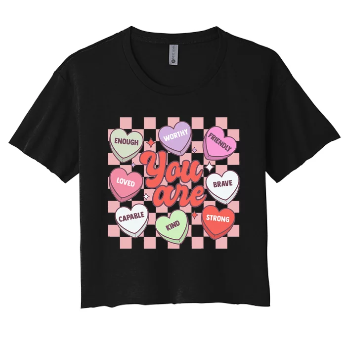 Teacher Valentines Day Candy Heart Women's Crop Top Tee