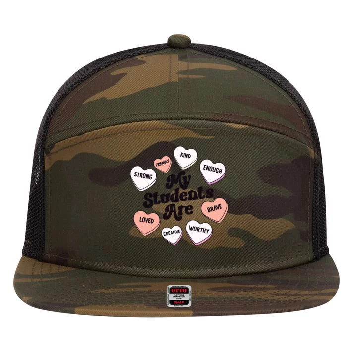 Teacher Valentines Day Positive Affirmations Candy Hearts 7 Panel Mesh Trucker Snapback Hat