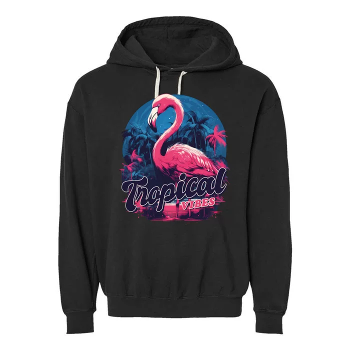 Tropical Vibes Flamingo Retro Palm Tree Garment-Dyed Fleece Hoodie