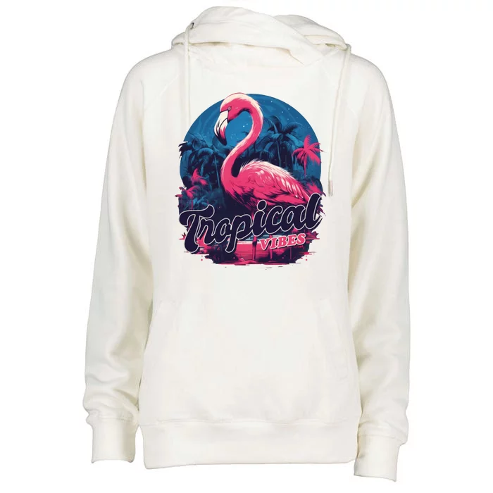 Tropical Vibes Flamingo Retro Palm Tree Womens Funnel Neck Pullover Hood