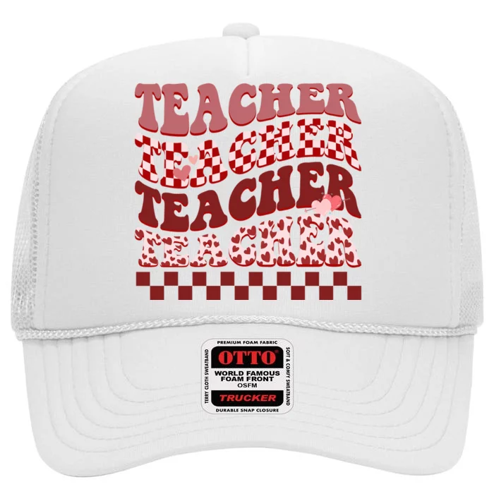 Teacher Valentine Groovy Cute High Crown Mesh Trucker Hat