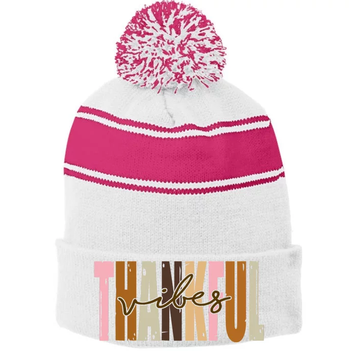 Thankful Vibes Holiday Cute Stripe Pom Pom Beanie