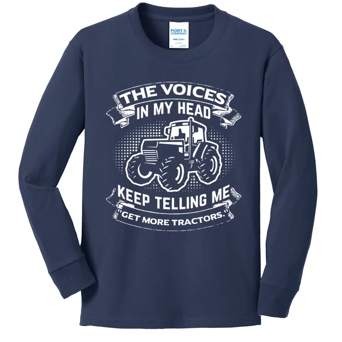 The Voices In My Head Keep Telling Me Tractors Farmer Kids Long Sleeve Shirt