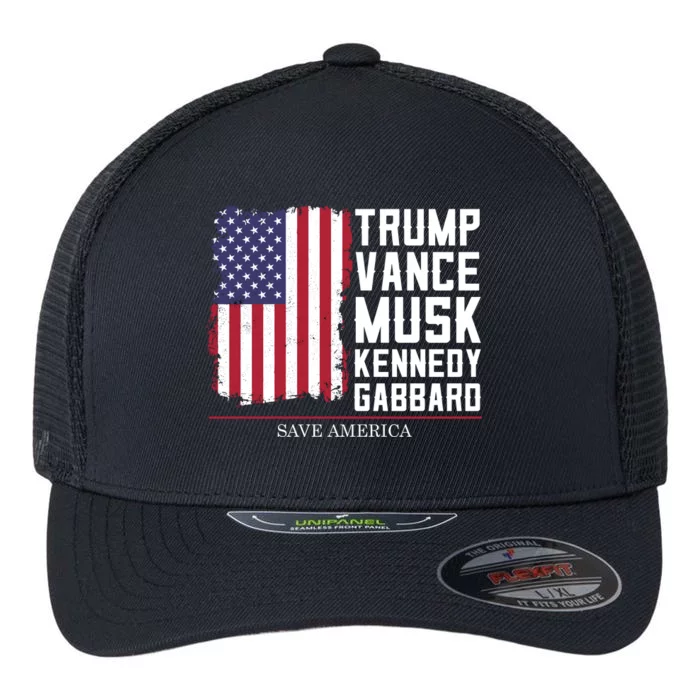 Trump Vance Musk Kennedy Gabbard 2024 Save America Flexfit Unipanel Trucker Cap