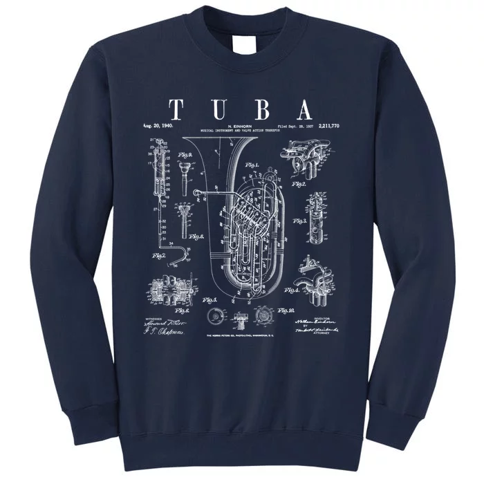 Tuba Vintage Patent Tubaist Tubist Drawing Print Tall Sweatshirt