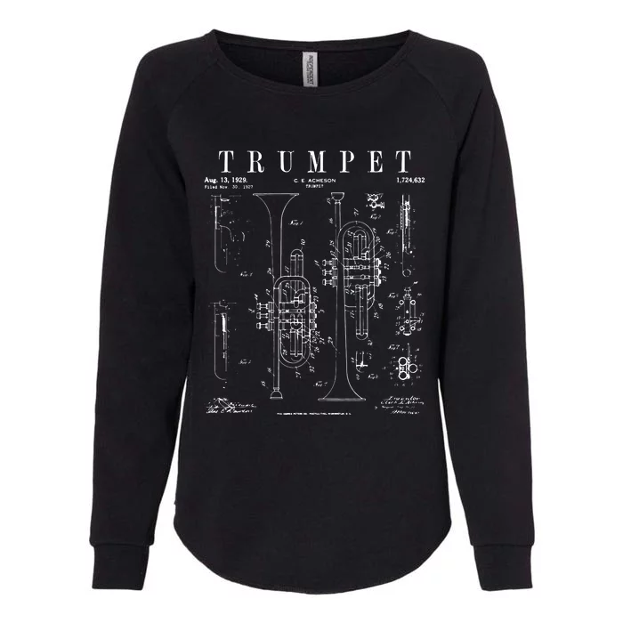 Trumpet Vintage Patent Trumpetist Drawing Print Womens California Wash Sweatshirt