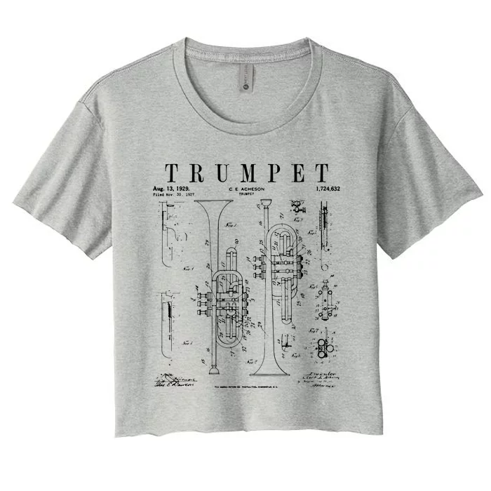 Trumpet Vintage Patent Trumpetist Drawing Print Women's Crop Top Tee