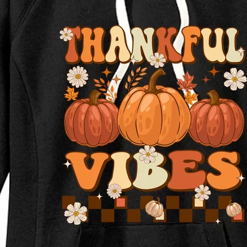 Thankful Vibes Retro Groovy Thanksgiving Autumn Fall Pumpkin Gift Women's Fleece Hoodie