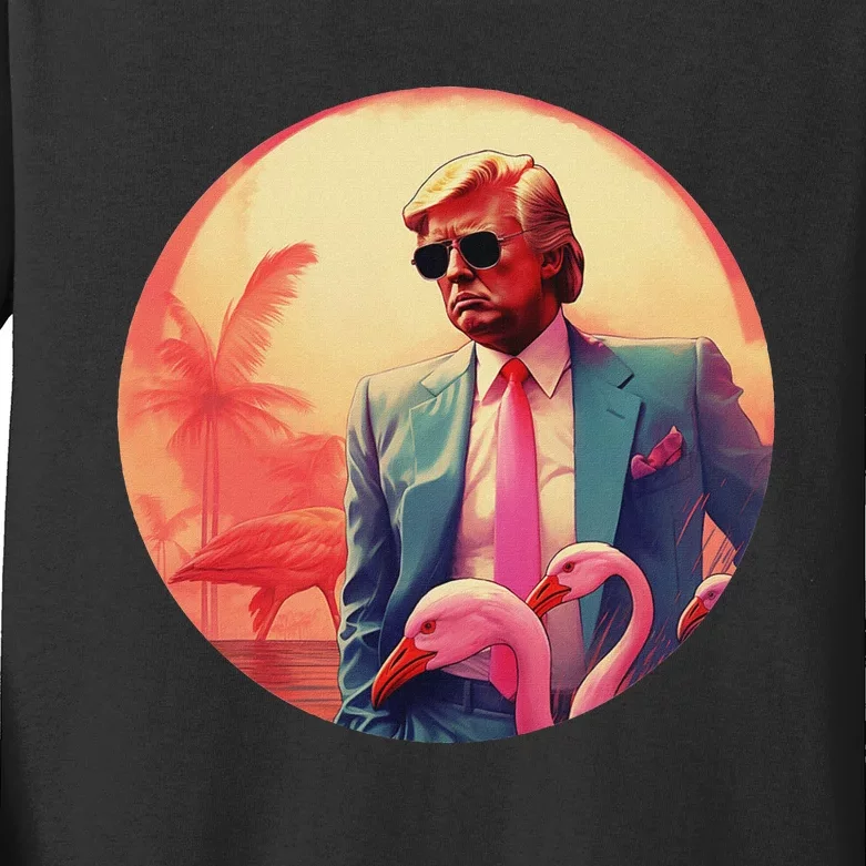 Trump Vice Style Sunglasses And Flamingos In Miami Kids Long Sleeve Shirt