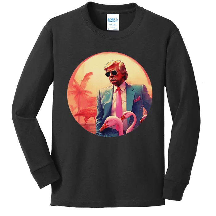 Trump Vice Style Sunglasses And Flamingos In Miami Kids Long Sleeve Shirt