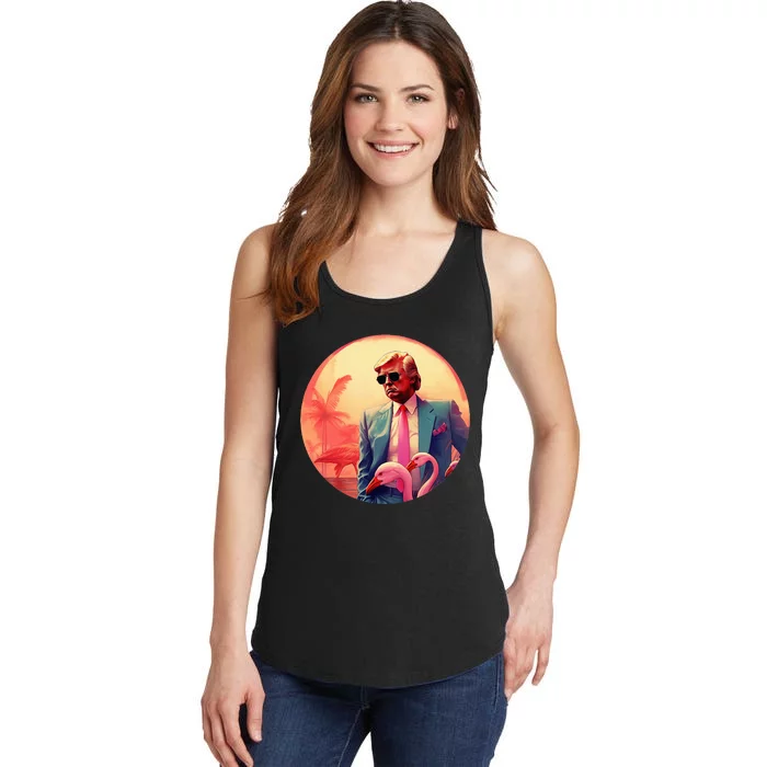 Trump Vice Style With Sunglasses And Flamingos In Miami Ladies Essential Tank