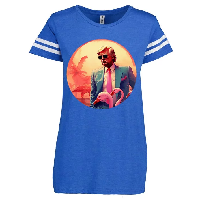 Trump Vice Style With Sunglasses And Flamingos In Miami Enza Ladies Jersey Football T-Shirt