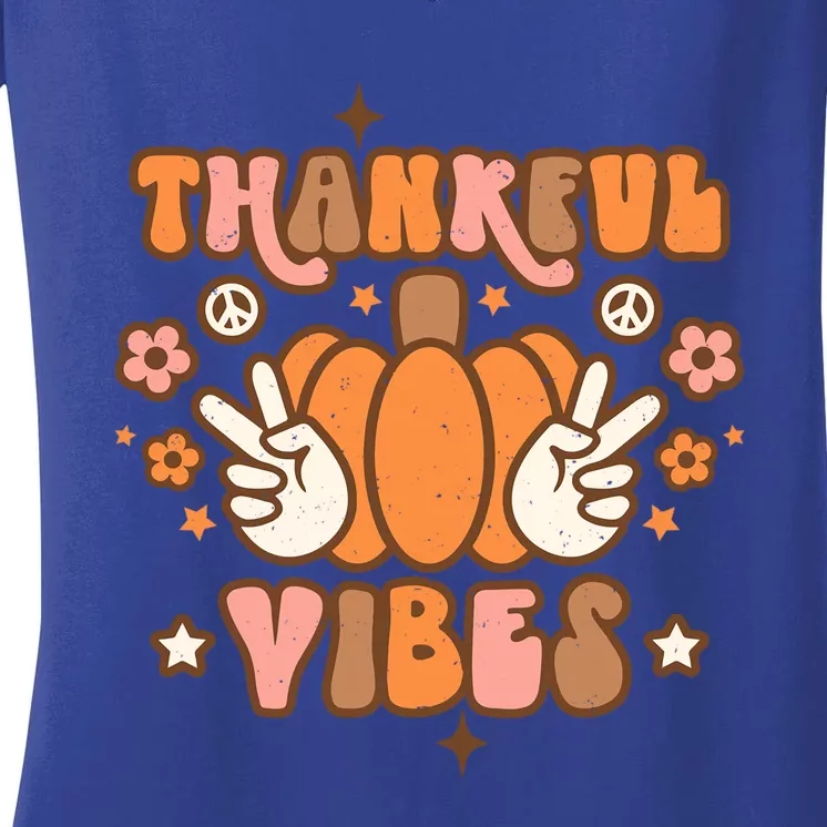 Thankful Vibes Thanksgiving Hippie Pumpkin Fall Vibes Groovy Funny Gift Women's V-Neck T-Shirt