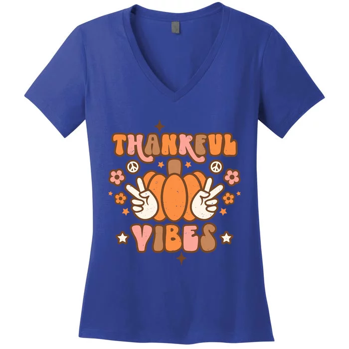 Thankful Vibes Thanksgiving Hippie Pumpkin Fall Vibes Groovy Funny Gift Women's V-Neck T-Shirt