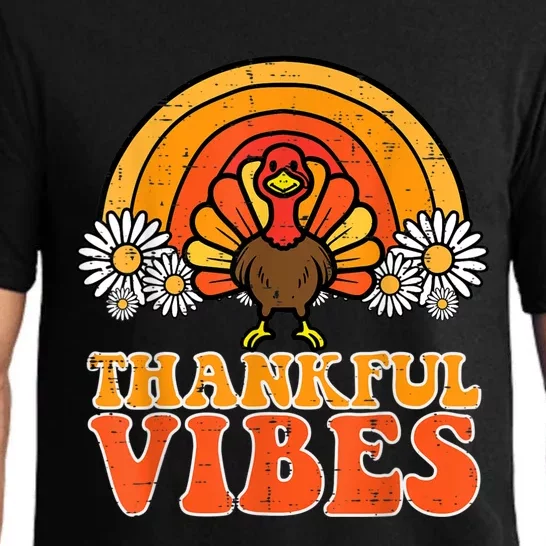 Thankful Vibes Turkey Rainbow Funny Retro Thanksgiving Women Pajama Set