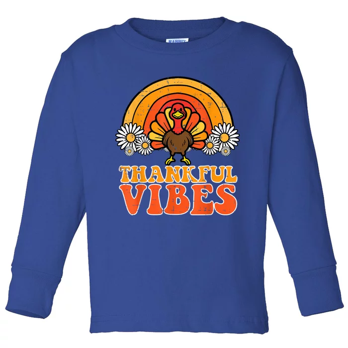 Thankful Vibes Turkey Rainbow Funny Retro Thanksgiving Women Toddler Long Sleeve Shirt