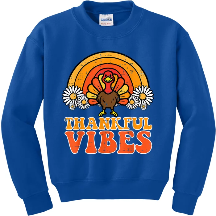 Thankful Vibes Turkey Rainbow Funny Retro Thanksgiving Women Kids Sweatshirt