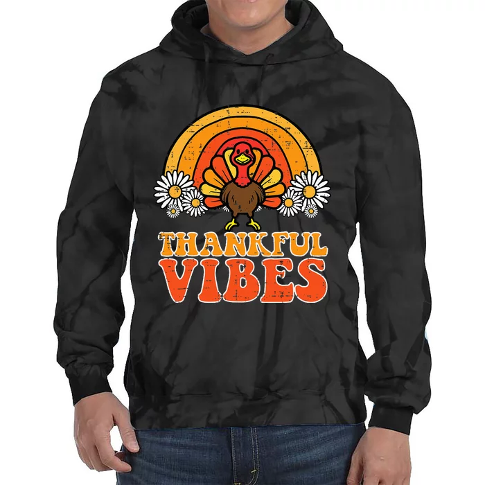 Thankful Vibes Turkey Rainbow Retro Thanksgiving Tie Dye Hoodie